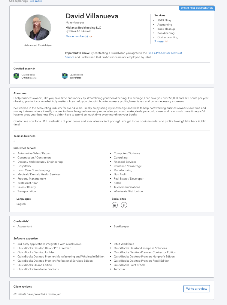 David Villanueva, Advanced QuickBooks ProAdvisor